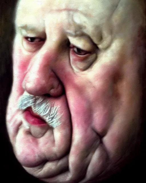 Image similar to an extreme close up portrait a very ordinary overweight old man with an blank expression, by sarah moon, very pale skin, very blurry, translucent white skin, foggy, oil painting, photorealistic, anatomically correct, beautiful perfect face, visible brushstrokes, sharp focus, highly detailed, cinematic lighting, 8 k, hd