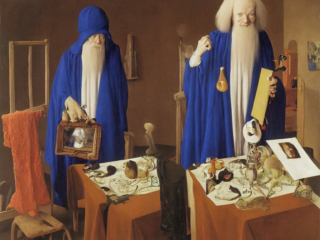 Image similar to Portrait of albino mystic with blue eyes, painting his self-portrait. Painting by Jan van Eyck, Audubon, Rene Magritte, Agnes Pelton, Max Ernst, Walton Ford