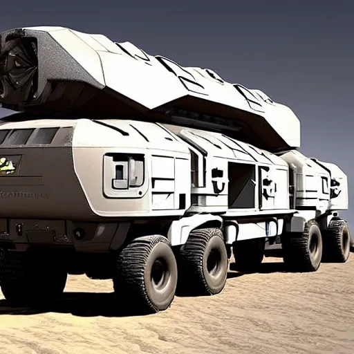 Prompt: Sci-Fi industrial futuristic Brutalism huge carrier vehicle desert