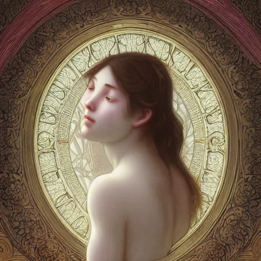 Image similar to faceless girl bleeding into a mirror, intricate, art by artgerm and greg rutkowski and alphonse mucha and william - adolphe bouguereau, high detailed, 4 k,