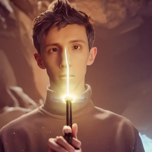 Prompt: Troye Sivan wearing an assassins tunic, holding a small glowing red magical wand with electrical bolts emitting from it. In a cave made of ice. Trending on Artstation, octane render, ultra detailed, art by Ross tran