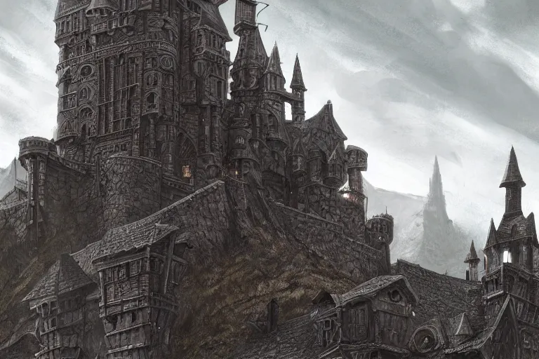 Image similar to A big iron keep overlooking the beautiful castle below it, metal, iron, texture, intricate, details, highly detailed, masterpiece, architecture, building, trending on artstation, focus, sharp focus, concept art, digital painting, fantasy, D&D, tabletop, rpg, roleplay