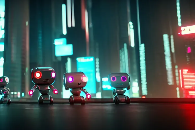 Prompt: a cute little robots in at cyberpunk city. super realistic 8 k render of a elegant, cinematic composition