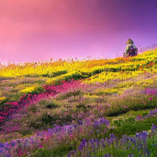 Image similar to a still from a ghibli movie, of a hilly flower meadow at twilight, with a badger