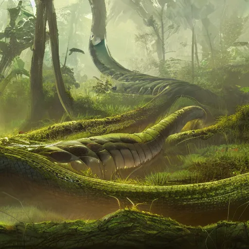 Image similar to a giant anaconda in a dense swamp landscape by ArtStationHQ