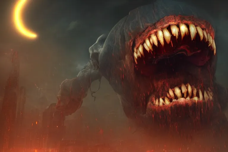 Prompt: a screaming gigantic titan boss, photograph, ambient lighting, picture, photo, cinematic lighting, terror, horror, scary,