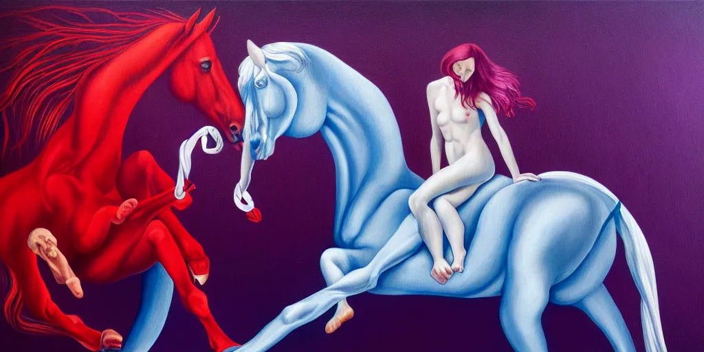 Image similar to only with purple, ney motogrosso in love with a red stallion, too many hands in all directions, in hoc signo vinces, waterfall, in the style of leonora carrington, gottfried helnwein, intricate composition, blue light by caravaggio, insanely quality, highly detailed, masterpiece, red light, artstation