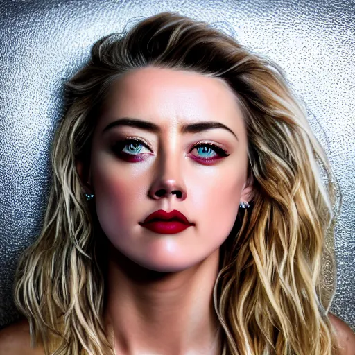 Image similar to amber heard mugshot with nose piercings, lip piercings, eye piercings,'no regrets'tattood on forehead, ultra realistic, 8 k, canon 3 5 mm portrait photography