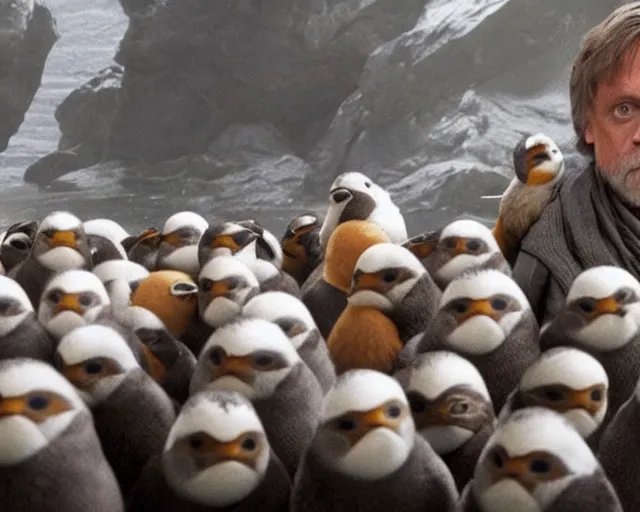 Prompt: Mark Hamill as Luke Skywalker standing with a flock of 10,100 Porgs.