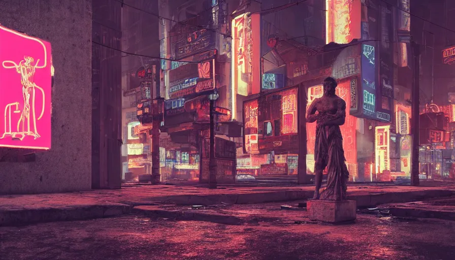 Image similar to a small weathered ancient greek sculpture standing in a square, surrounded by cyberpunk city, neon sign, bladerunner, digital illustration, artstation, cinematic composition