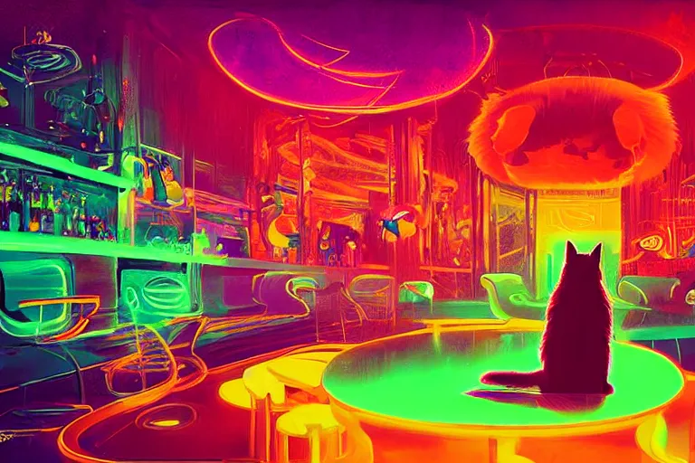 Image similar to a digital art of a cat sits on a chair in a luminous disco bar, animal, light effect, highly detailed, by anton fadeev