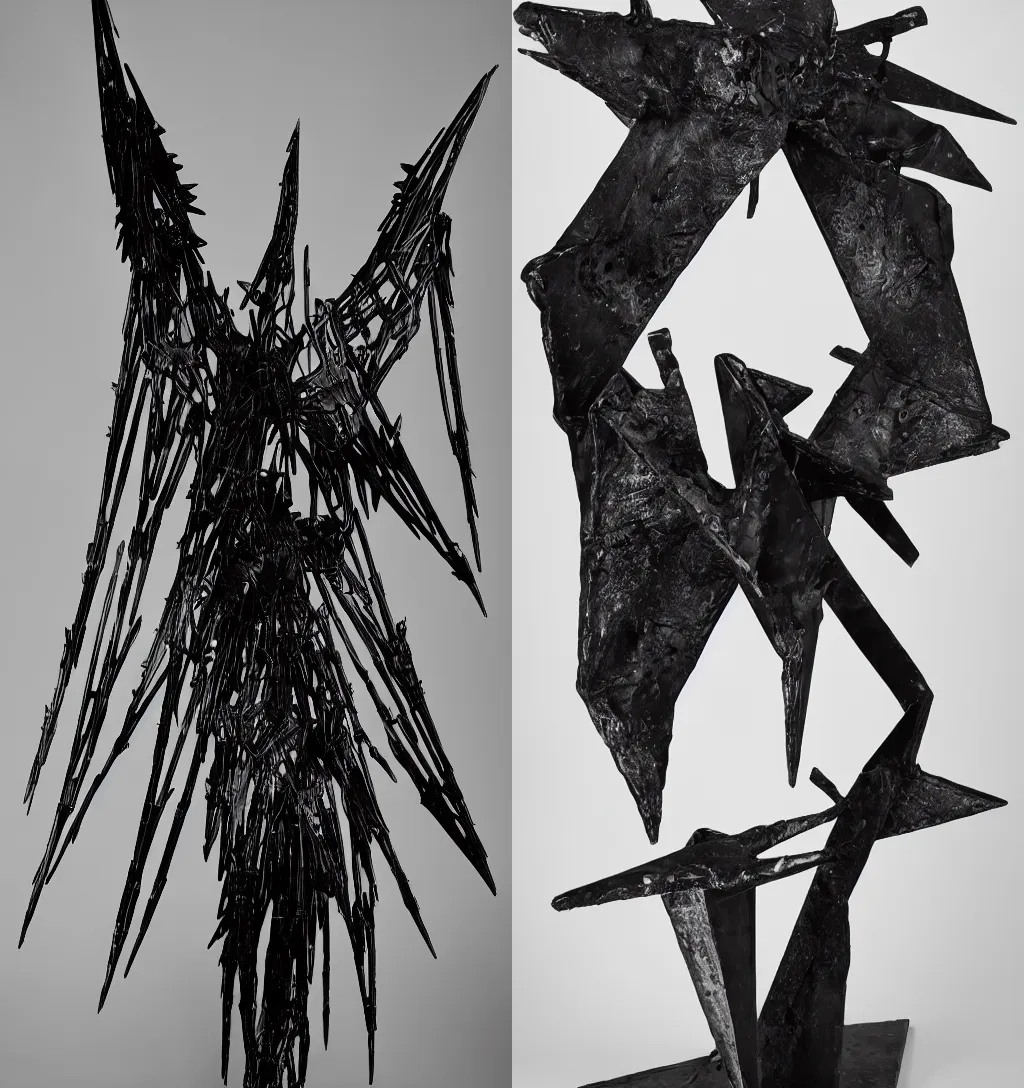 Prompt: ASYMMETRICAL brutalist black metal winged abstract sculpture made of glossy black liquid latex and industrial hardware, sharp irregular shapes, designed by helmut lang, hr giger, rick owens, andrei tarkovsky, 8k hyperrealistic, hyper-detailed, highly textured, dark volumetric lighting