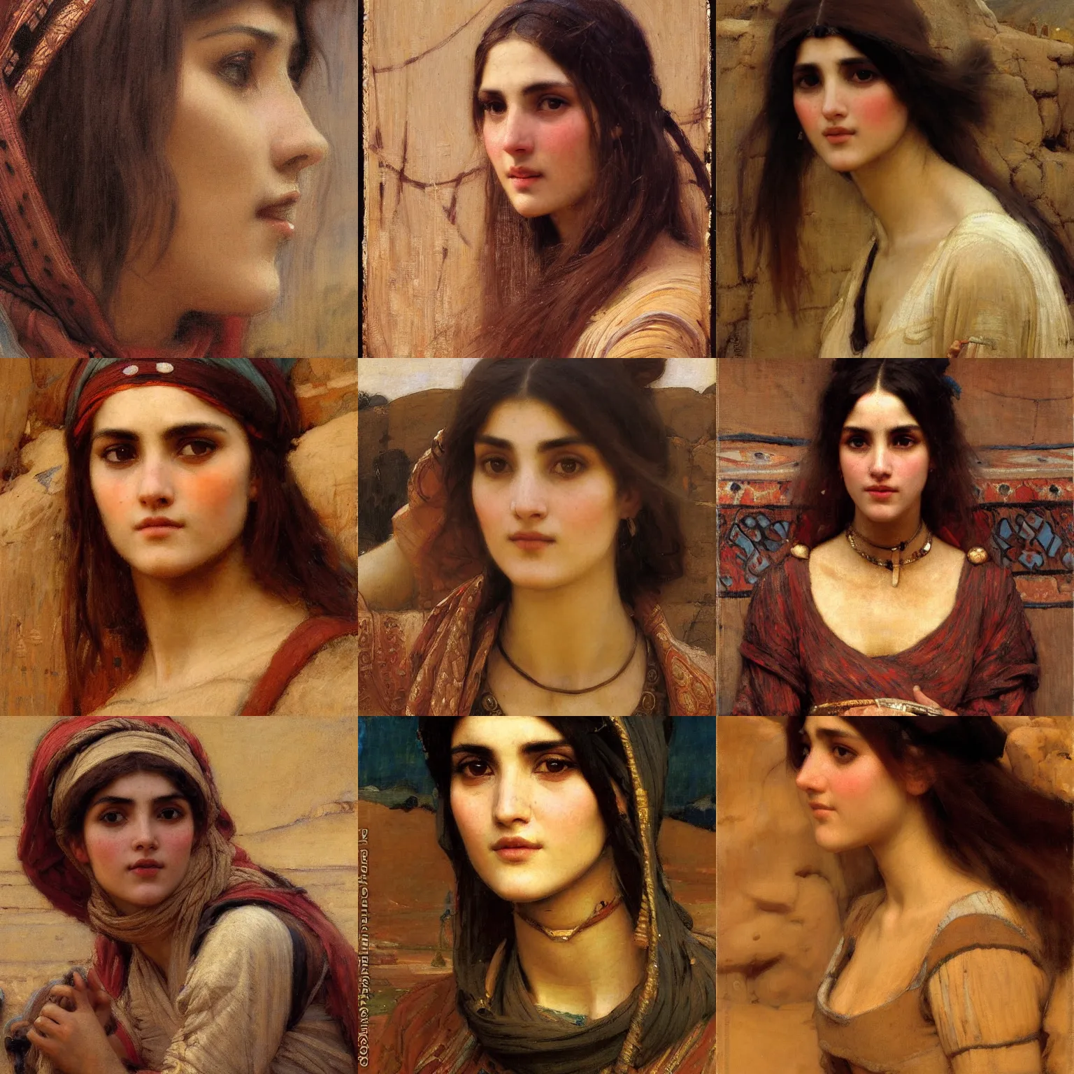 Prompt: orientalism portrait of a cute woman in the desert face detail by john william waterhouse and theodore ralli and nasreddine dinet and nikolay makovsky, masterful intricate artwork, excellent lighting, high detail 8 k