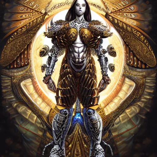 Image similar to a beautiful symmetrical muscular body wearing an armor made of golden ornaments and gems by alex gray and android jones , Karol Bak, Ayami Kojima, Amano , 3D, 8k resolution