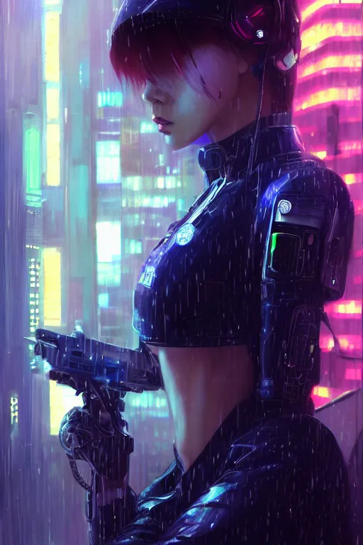 Image similar to portrait futuristic beautiful cyberpunk female police, in heavy rainning futuristic tokyo rooftop cyberpunk night, ssci-fi, fantasy, intricate, very very beautiful, elegant, neon light, highly detailed, digital painting, artstation, concept art, soft light, hdri, smooth, sharp focus, illustration, art by tian zi and craig mullins and WLOP and alphonse mucha