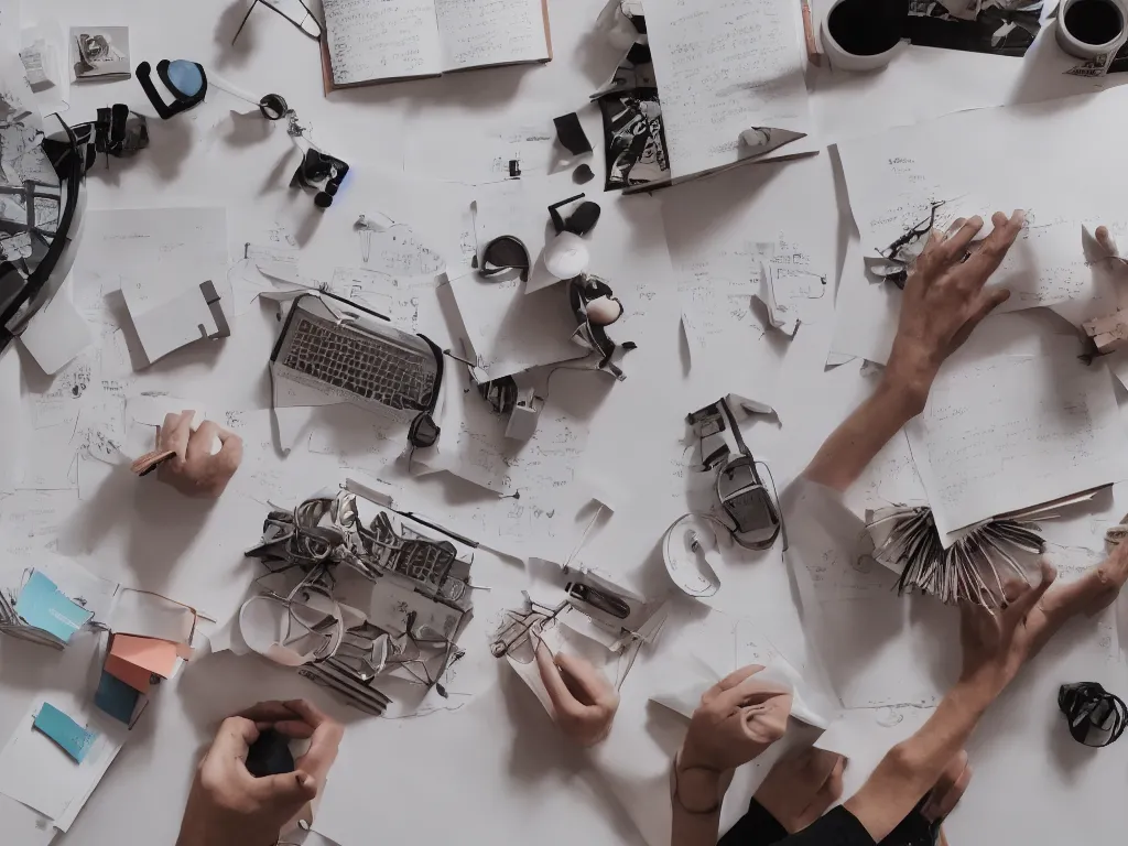 Image similar to pov candid photo of my hands at my desk, rows upon rows of perfectly organized knolled objects during sunrise in a cozy open - air design studio by james turrell, scale model floating in midair in front of me, brilliant daylight vr os ux, leica 8 k still from an a 2 4 film