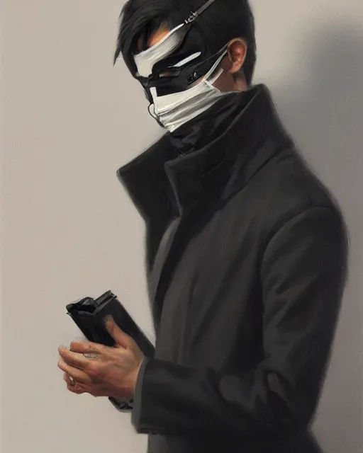 Image similar to a ultradetailed beautiful panting of a european young man wearing black medical mask and black long coat, by ilya kuvshinov, greg rutkowski and makoto shinkai, trending on artstation