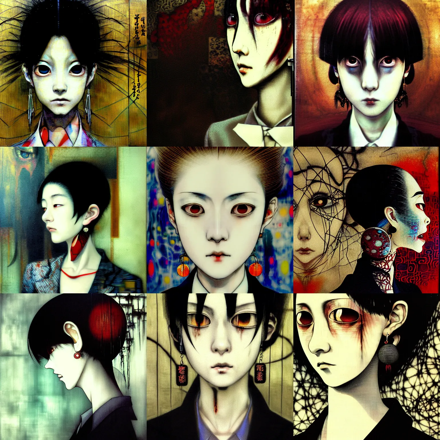Prompt: yoshitaka amano blurred and dreamy realistic three quarter angle horror portrait of a sinister young woman with short hair, big earrings and blind eyes wearing office suit with tie, junji ito abstract patterns in the background, satoshi kon anime, noisy film grain effect, highly detailed, renaissance oil painting, weird portrait angle, blurred lost edges
