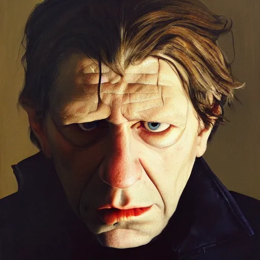 Image similar to high quality high detail painting by gottfried helnwein and lucian freud, hd, portrait of a dangerous psychopath, intense demonic look in the eyes, photorealistic lighting