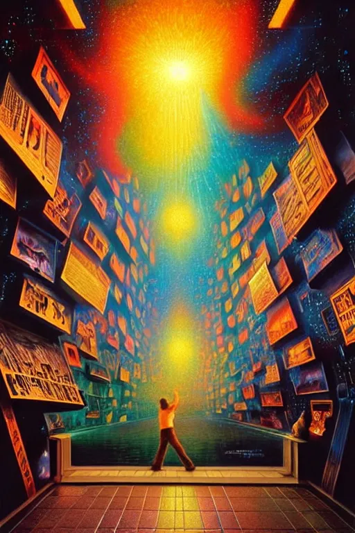 Prompt: a photorealistic detailed cinematic image of a mans life review holographic memories, overjoyed, emotional, compelling, by pinterest, david a. hardy, kinkade, lisa frank, wpa, public works mural, socialist