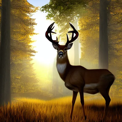 Prompt: alert buck white tail deer with large antlers standing on top of a hill with light shining through the trees in the early morning, global illumination, volumetric shadows, volumetric lighting digital painting, trending on artem, trending on deviantart,