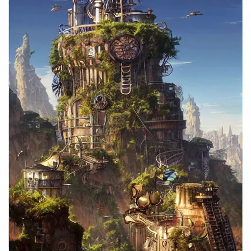 Image similar to steampunk city on a cliff, dense foliage poster art by kim jung giu and weta studio, and lucasfilm and jesper ejsing and norman rockwell greg rutkowski frank frazzeta