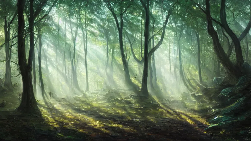 Image similar to The most beautiful painting in the world; an oil painting of a hauntingly beautiful elven forest in the morning; rays of light coming through the canopy; trending on artstation; extraordinary masterpiece!!!!!!; 8k