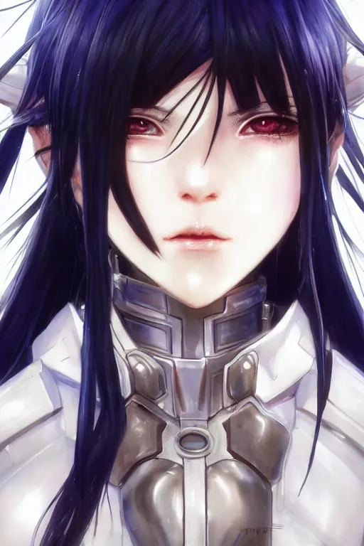 Image similar to portrait Anime girl in cyberpunk trinity blood armor, cute-fine-face, black-hair pretty face, realistic shaded Perfect face, fine details. Anime. realistic shaded lighting by Ilya Kuvshinov katsuhiro otomo ghost-in-the-shell, magali villeneuve, artgerm, rutkowski, WLOP Jeremy Lipkin and Giuseppe Dangelico Pino and Michael Garmash and Rob Rey and Yoshitaka Amano and Thores Shibamoto