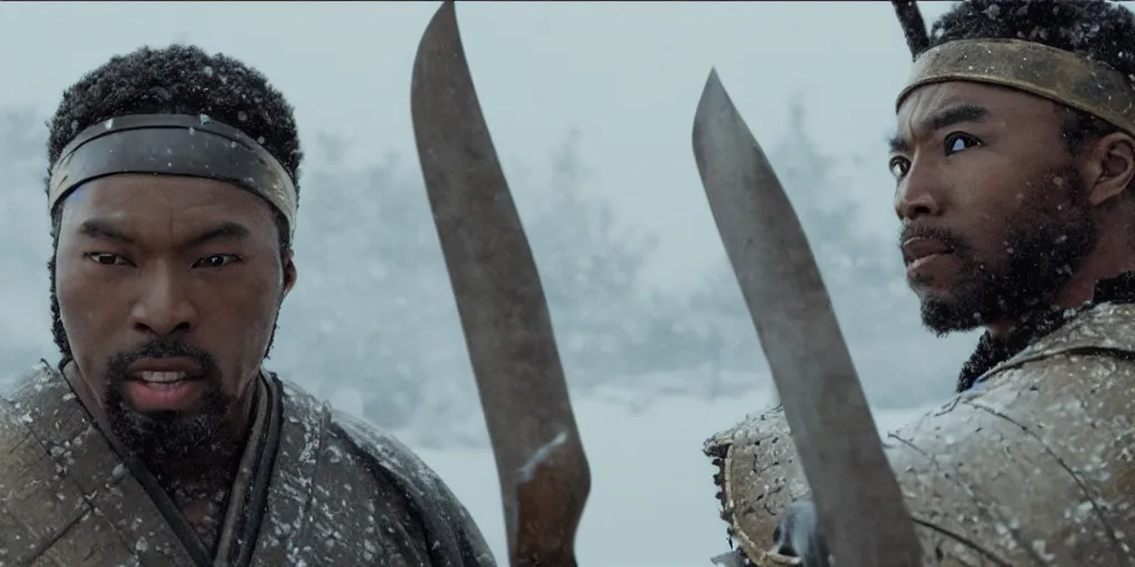 Image similar to a film still of a black man starring in a japanese blockbuster film as ancient samurai, having an intense sword fight in the snow, shallow depth of field, cinematic, award winning cgi, vfx, film still