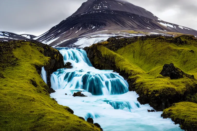 Image similar to photo of a landscape with mountains with waterfalls and snow on top, wallpaper, very very wide shot, blue glacier, iceland, new zeeland, green flush moss, national geographics, professional landscape photography, sunny, day time, beautiful