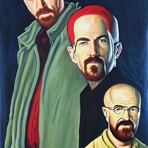 Prompt: classic painting of walt and jesse from breaking bad