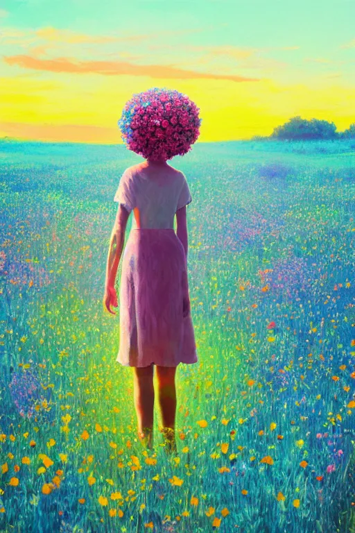 Image similar to closeup, giant flower head, girl standing in a field of flowers, surreal photography, sunrise, blue sky, dramatic light, impressionist painting, digital painting, artstation, simon stalenhag