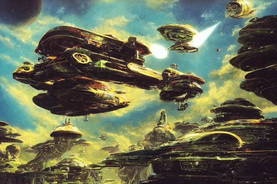 Image similar to an epic chris foss painting of a turtle spaceship orbiting an alien planet