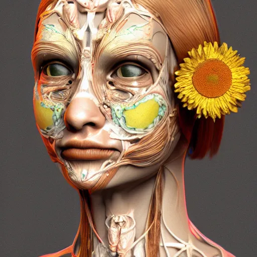 Image similar to beatifull frontal face portrait of a woman, 150 mm, anatomical, flesh, flowers, mandelbrot fractal, facial muscles, veins, arteries, symmetric, intricate, golden ratio, full frame, microscopic, elegant, highly detailed, ornate, ornament, sculpture, elegant , luxury, beautifully lit, ray trace, octane render in the style of peter Gric , alex grey and Romero Ressendi