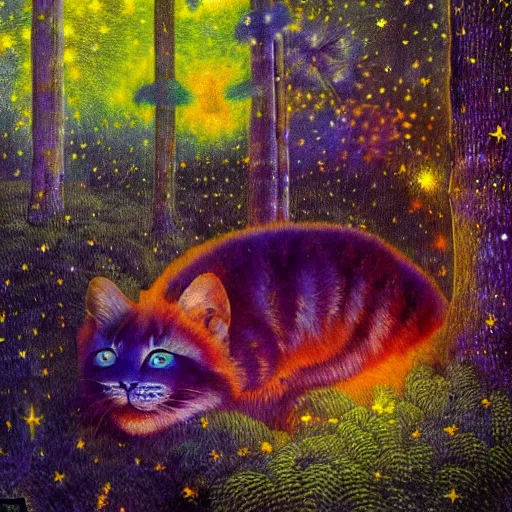 Image similar to psychedelic small cats hidden lush pine forest, outer space, milky way, designed by arnold bocklin, jules bastien - lepage, tarsila do amaral, wayne barlowe and gustave baumann, cheval michael, trending on artstation, star, sharp focus, colorful refracted sparkles and lines, soft light, 8 k 4 k