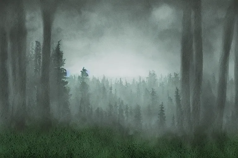 Prompt: mysterious floating island in the clouds above a forest, foggy, digital painting