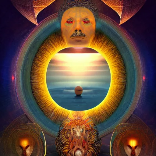 Image similar to symetrical, a majestic photograph of the king of agharta, land of advanced races, giant, hollow earth infographic, illustrations, a big shell with a sun in the interior, dynamic lighting, digital art, fantastically beautiful, illustration,, closeup, aesthetically inspired by leonardo da vinci, trending on artstation, art by daniel merriam, 8 k, upscale