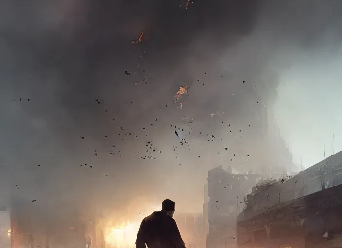 Image similar to the silhouette of a sad man looks at the destroyed and burning world, sheets of paper fly around volumetric lighting, digital painting, highly detailed, artstation, sharp focus, illustration, concept art, ruan jia, steve mccurry, amazing composition