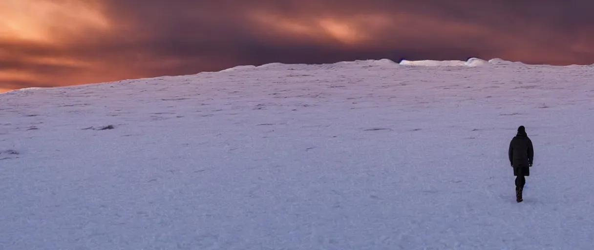 Prompt: a high quality color extreme closeup depth of field creepy hd 4 k film 3 5 mm photograph of the faint barely visible silhouette of a bulky man walking away from a blizzard into a clear desolate snow field with the golden sunset antarctica sky in the distance