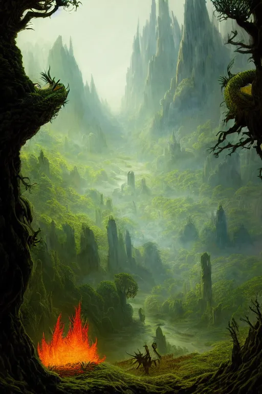 Image similar to a beautiful digital illustration painting of a detailed gothic fantasy valley and forest dragon fire fey unseelie, by benoit b. mandelbrot, steven belledin, martin johnson heade, lee madgwick, caspar david friedrich, and david rios ferreira. 8 k resolution trending on artstation concept art digital illustration