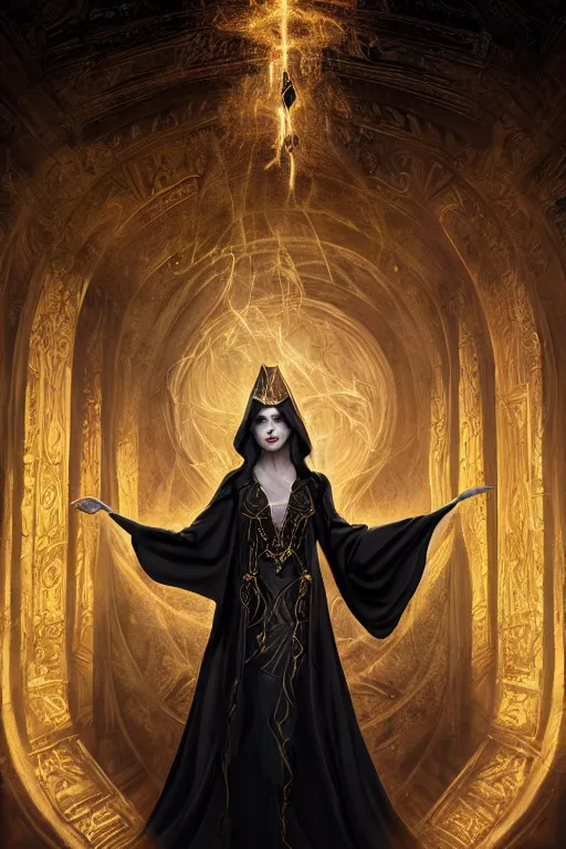 Prompt: a sorceress wearing a black robe with gold embroidery, casting a spell, in a mysterious inner sanctum, painted by artgerm and tom bagshaw, in the style of magic the gathering, highly detailed digital art