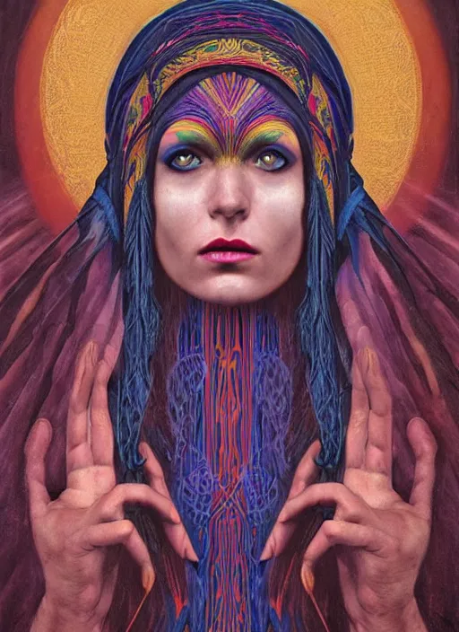 Image similar to Ayahuasca tripping cult magic psychic woman, subjective consciousness psychedelic, epic occult ritual symbolism story iconic, dark witch headdress, oil painting, robe, symmetrical face, greek dark myth, by John William Godward, Jason A Engle, Anna Dittman, masterpiece