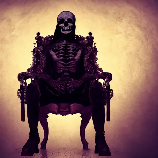 Prompt: the king of death, sitting on throne, shadows, hyperrealistic, dead bodies in the background, high resolution, 8 k, dramatic lighting, holding a skull