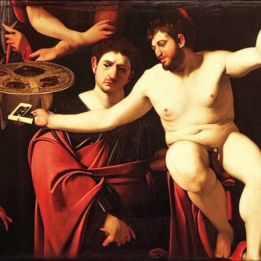Prompt: roman emperor nero being shown an iphone by a time traveler, by caravaggio