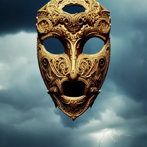 Image similar to an elaborate intricate mask surrounded by storm clouds, rendered in octane, behance hd, bokeh backdrop