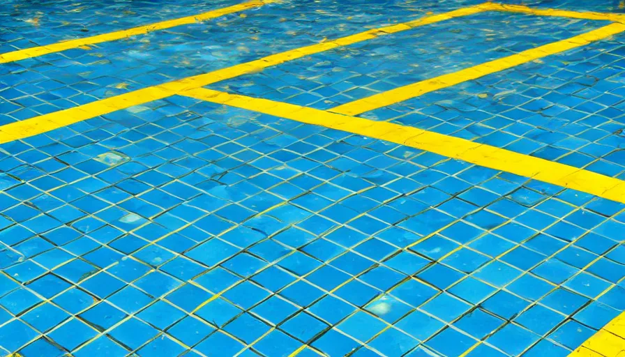 Image similar to 1 9 6 0 s movie still of an empty blue and yellow tiles municipal swimmingpool, high quality, high detail, liminal space style