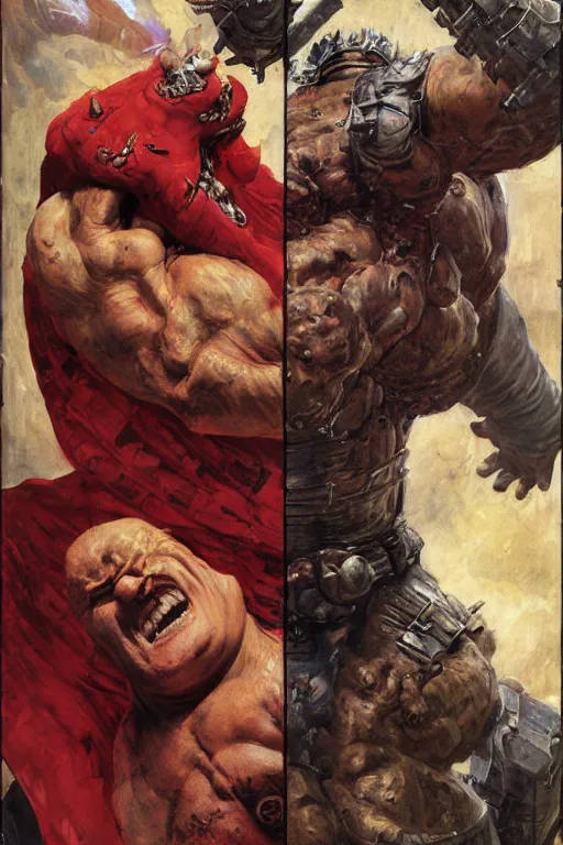 Image similar to upper body and head portrait of hulking brock lesnar as marvel demon wearing cape and armour, norman rockwell, tom lovell, alex malveda, jack kirby, lawrence alma tadema, greg staples, jeremy mann