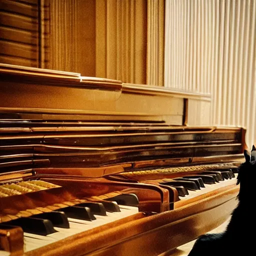 Prompt: “ cat sitting on grand piano concert hall, professional photography ”