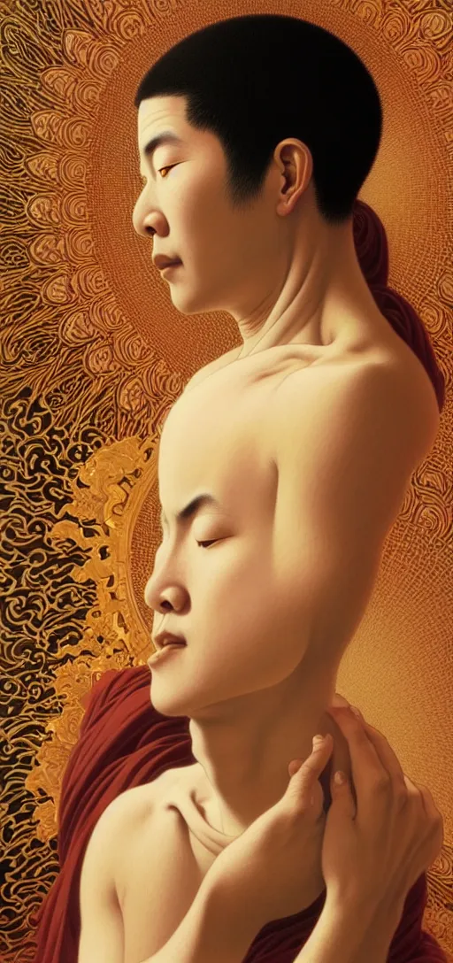 Prompt: ultra realistic illustration, a serene buddhist monk experiencing ego death, intricate, elegant, highly detailed, digital painting, artstation, concept art, smooth, sharp focus, illustration, art by artgerm and greg rutkowski and alphonse mucha, by rene magritte, surrealism!!!