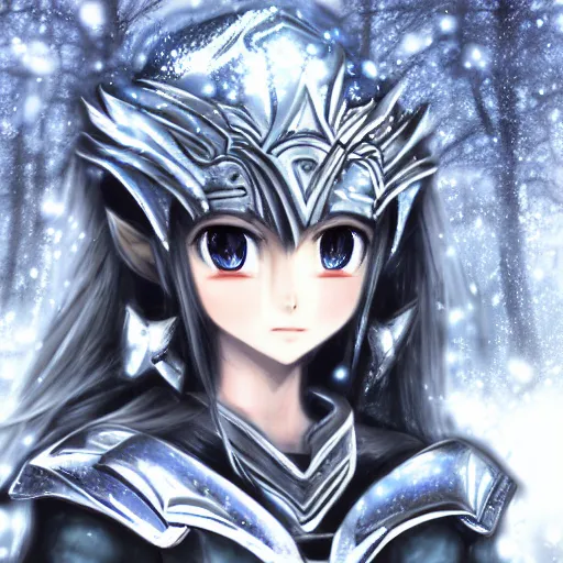 Prompt: portrait focus of knight beautiful 3D anime girl, silver armor wearing, dark forest background, snowing, bokeh, inspired by Masami Kurumada, digital painting, high contrast, unreal engine render, volumetric lighting, high détail